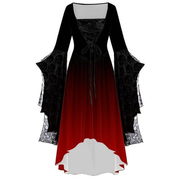cocolona Womens Halloween Gradient Long Dress Medieval Renaissance Dress Long Sleeve Square Neck Corset Dress Vintage Gothic Dress