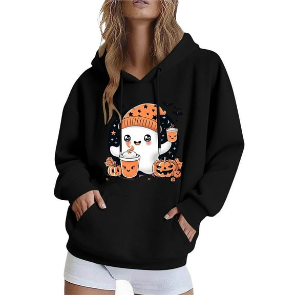 cocolona Womens Halloween Hoodie Fall Long Sleeve Drawstring Graphic Sweatshirts Casual Loose Pullover Tops Halloween Sweatshirts