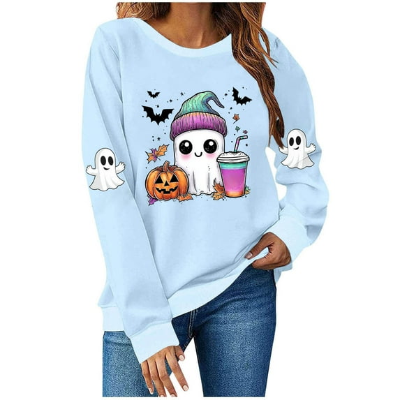cocolona Womens Halloween Sweatshirts Fall Winter Long Sleeve Shirts Fashion Casual Loose Cute Graphic Tops Blouse Halloween Gifts