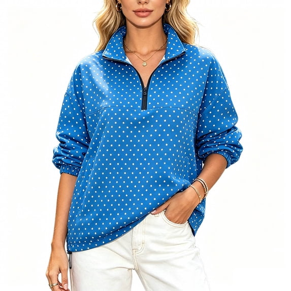 cocolona Womens High Neck Zipper Sweatshirts Polka Dot Printed Long Sleeve Pullover Fall Winter Tops