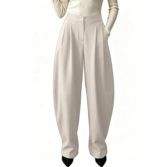 cocolona Womens High Street Dress Pants Elastic Waist Curved Wide Leg Business Casual Work Pants with Pockets