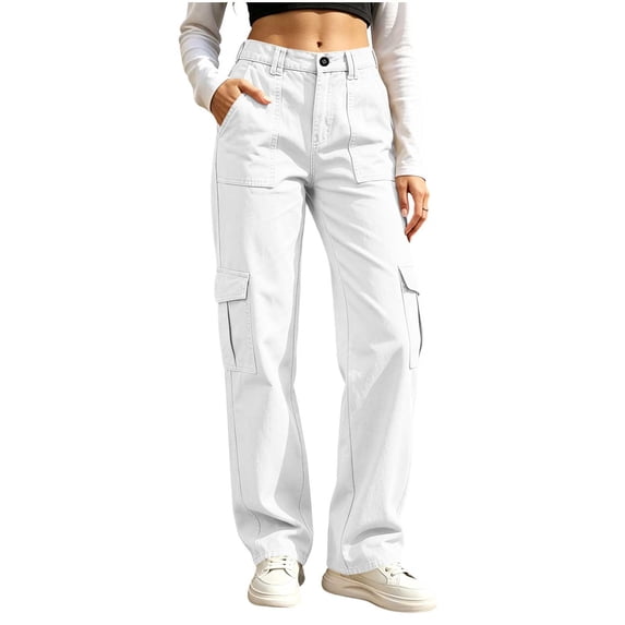 cocolona Womens High Waist Cargo Pants Elastic Button Waist Straight Wide Leg Outdoor Hiking Pants with Pockets