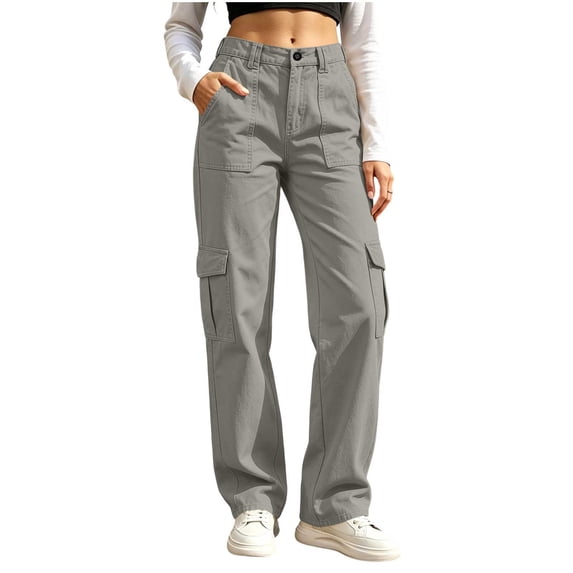 cocolona Womens High Waist Cargo Pants Elastic Button Waist Straight Wide Leg Outdoor Hiking Pants with Pockets