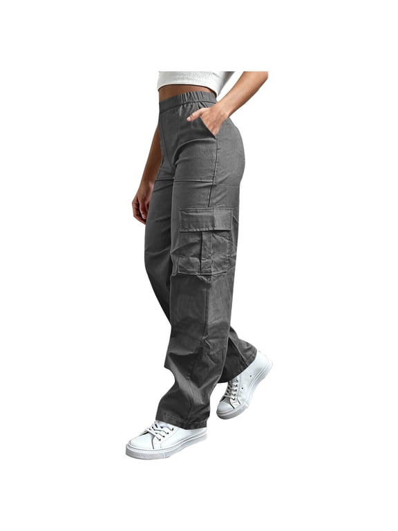 Womens High Waist Casual Cargo Pants Elastic Waist Straight Wide Leg Outdoor Hiking Pants with Pockets