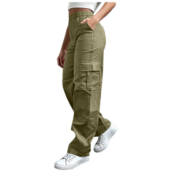 cocolona Womens High Waist Casual Cargo Pants Elastic Waist Straight Wide Leg Outdoor Hiking Pants with Pockets