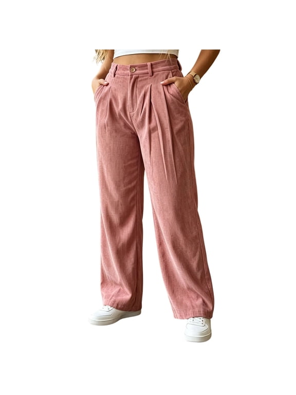 Womens High Waist Casual Curduroy Pants Elastic Waist Straight Wide Leg Commute Work Pants with Pockets