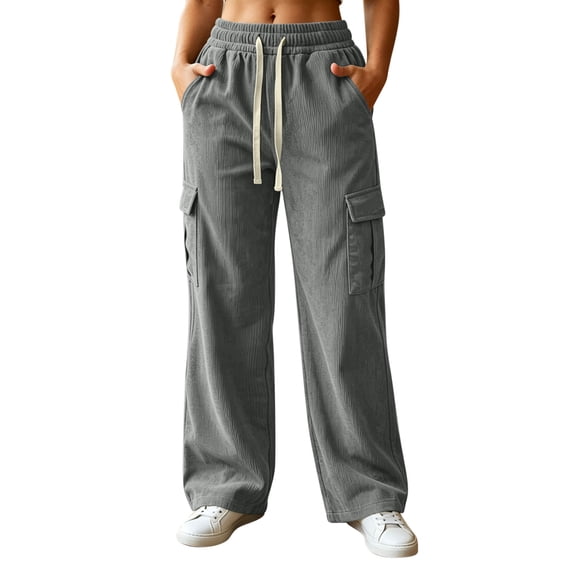 cocolona Womens High Waist Corduroy Cargo Pants Elastic Waist Drawstring Wide Leg Workout Lounge Pants with Pockets