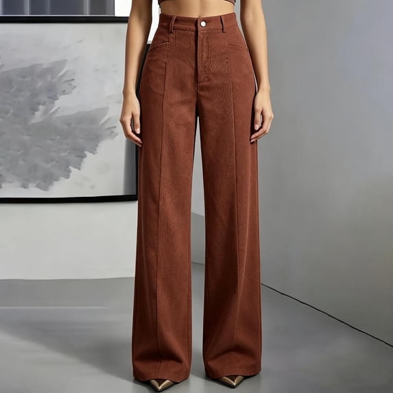 cocolona Womens High Waist Corduroy Dress Pants Elastic Waist Straight Wide Leg Business Casual Work Pants with Pockets