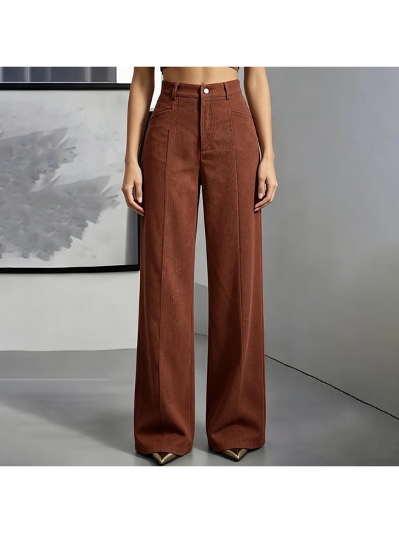 Womens High Waist Corduroy Dress Pants Elastic Waist Straight Wide Leg Business Casual Work Pants with Pockets