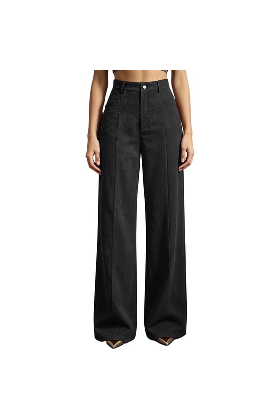 Womens High Waist Corduroy Dress Pants Elastic Waist Straight Wide Leg Business Casual Work Pants with Pockets