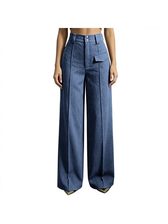 Womens High Waist Corduroy Dress Pants Elastic Waist Straight Wide Leg Business Casual Work Pants