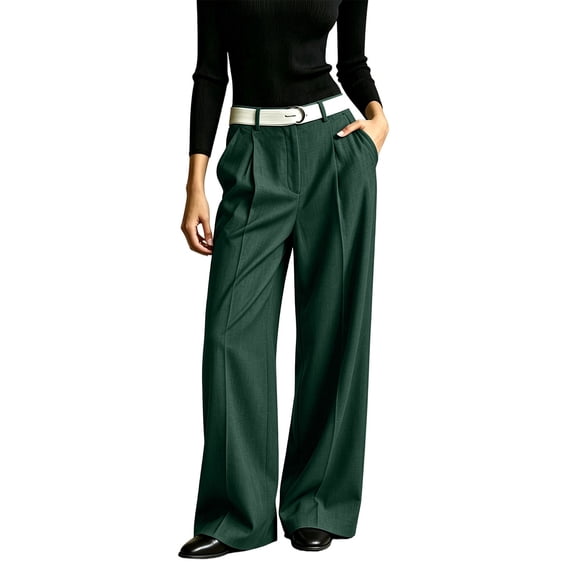 cocolona Womens High Waist Pleated Dress Pants Elastic Waist Straight Wide Leg Office Commute Flare Work Pants with Pockets