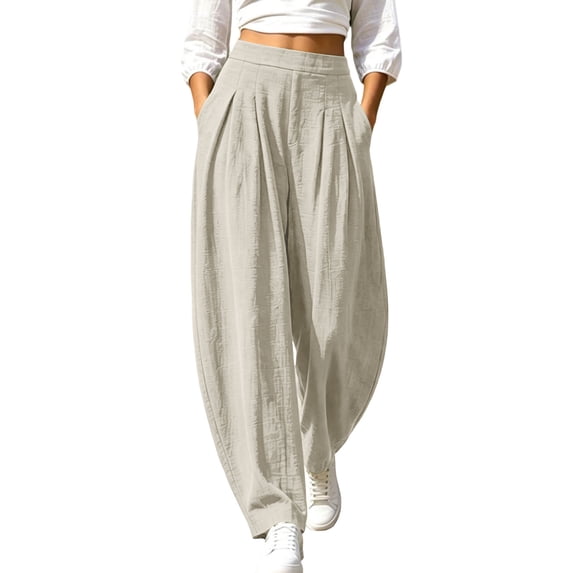 cocolona Womens High Waist Pleated Linen Pants Elastic Waist Wide Leg Summer Casual Beach Barrel Pants with Pockets