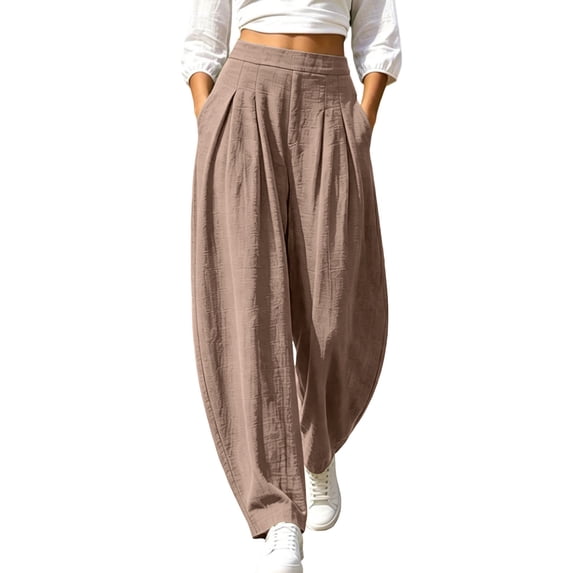 cocolona Womens High Waist Pleated Linen Pants Elastic Waist Wide Leg Summer Casual Beach Barrel Pants with Pockets