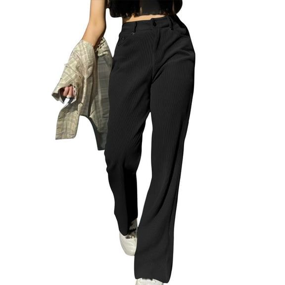 cocolona Womens High Waist Pocket Casual Pants Corduroy Straight Leg Pants Fashion Solid Color Loose Work Pants Lounge Trousers Streetwear