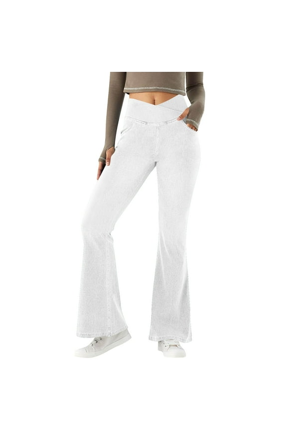 Womens High Waist Stretchy Flare Jeans Stretchy Denim Pants Gym Workout Yoga Pants Flare Leggings for Women with Pockets