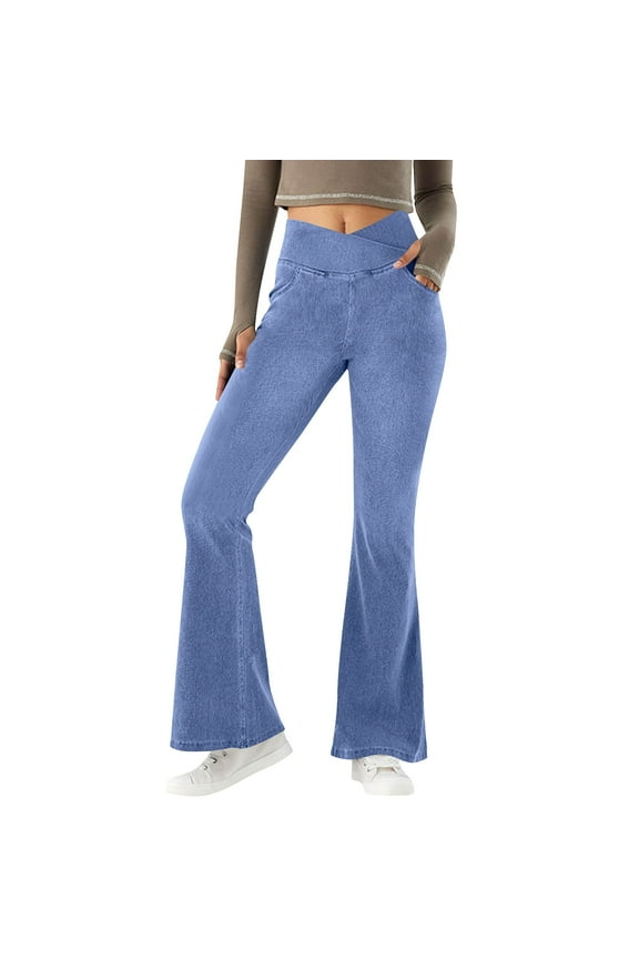 Womens High Waist Stretchy Flare Jeans Stretchy Denim Pants Gym Workout Yoga Pants Flare Leggings for Women with Pockets