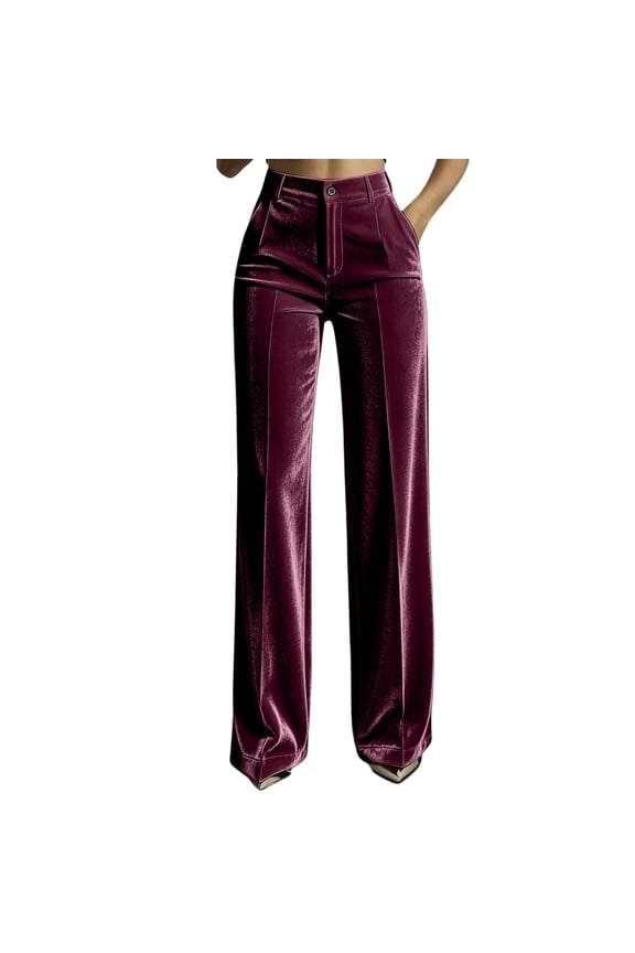 Womens High Waist Velour Dress Pants Elastic Waist Straight Wide Leg Commute Office Pants with Pockets