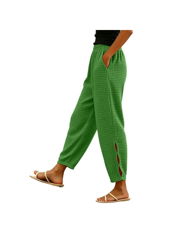 Womens High Waist Waffle Knit Pants Elastic Waist Straight Splited Leg Travel Lounge Pants with Pockets