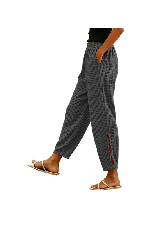 Womens High Waist Waffle Knit Pants Elastic Waist Straight Splited Leg Travel Lounge Pants with Pockets