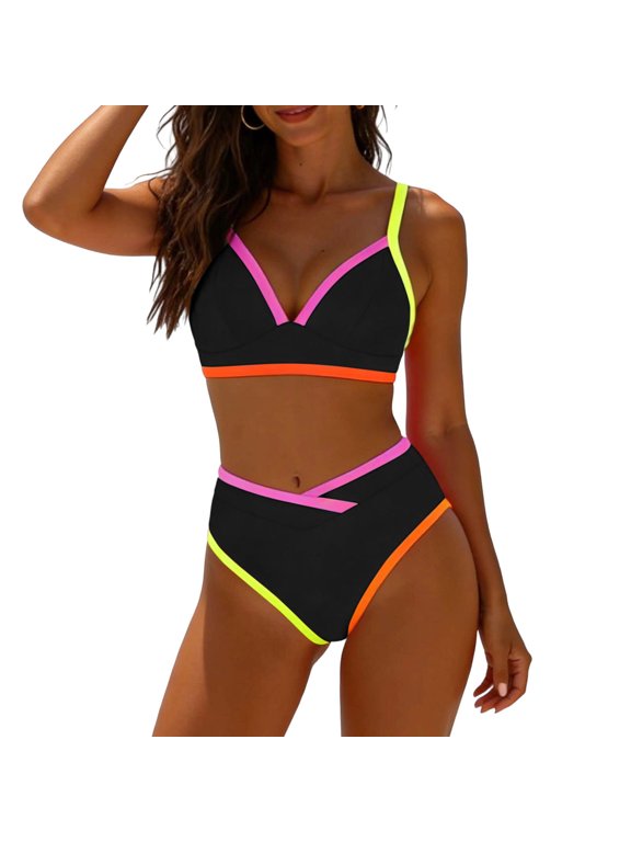 Womens High Waisted Bikini Sets V Neck Color Block Two-Piece Swimsuits Vacation Beach Bathing Suit