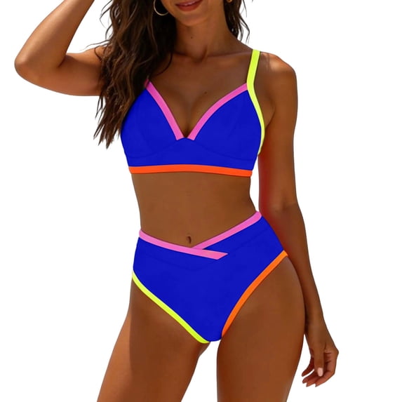 cocolona Womens High Waisted Bikini Sets V Neck Color Block Two-Piece Swimsuits Vacation Beach Bathing Suit