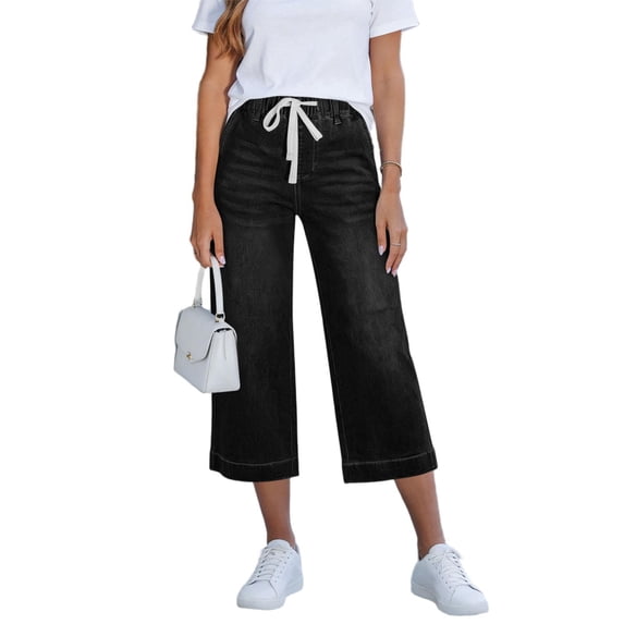 cocolona Womens High Waisted Capri Jeans Summer Straight Drawstring Denim Pants Casual Loose Cropped Trousers with Pockets