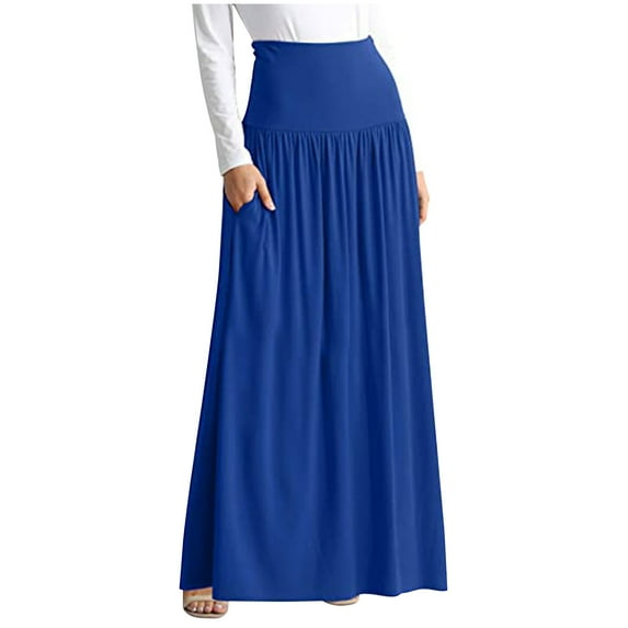 cocolona Womens High Waisted Pleated Maxi Skirts Fashion Casual Solid Color Flowy Long Skirts Plus Size Maxi Skirts for Women Blue XXXL
