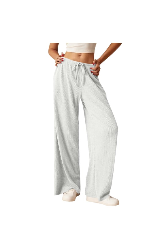 Womens Knit Ribbed Pants Fashion Casual Loose Wide Leg Pants Elastic Waist Drawstring Lounge Trousers with Pockets