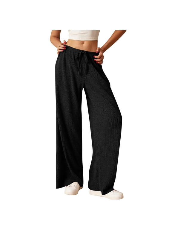 Womens Knit Ribbed Pants Fashion Casual Loose Wide Leg Pants Elastic Waist Drawstring Lounge Trousers with Pockets