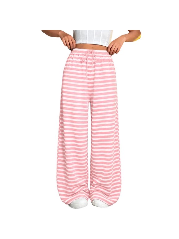 Womens Knitted Casual Loose Striped Pajama Pants Elastic Waist Drawstring Wide Leg Travel Lounge Pants