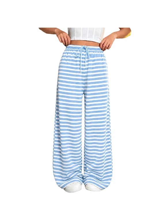Womens Knitted Casual Loose Striped Pajama Pants Elastic Waist Drawstring Wide Leg Travel Lounge Pants
