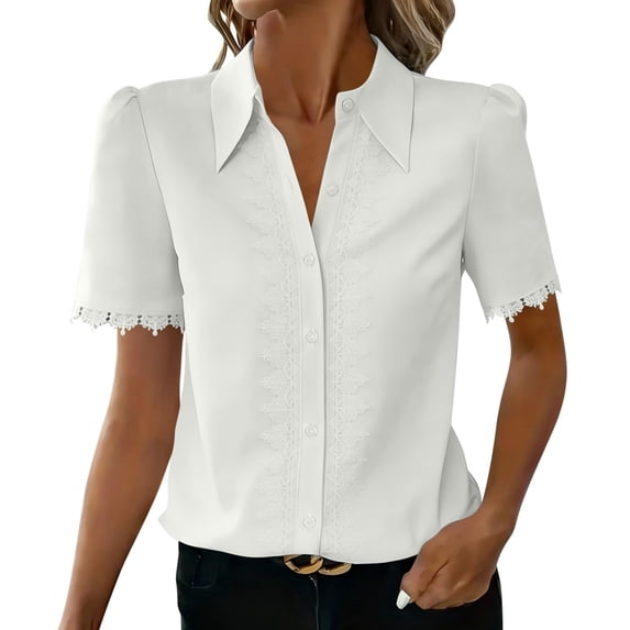 cocolona Womens Lace-trimmed Button Blouses Lapel Short Sleeve Shirts Dressy Casual Summer Tops