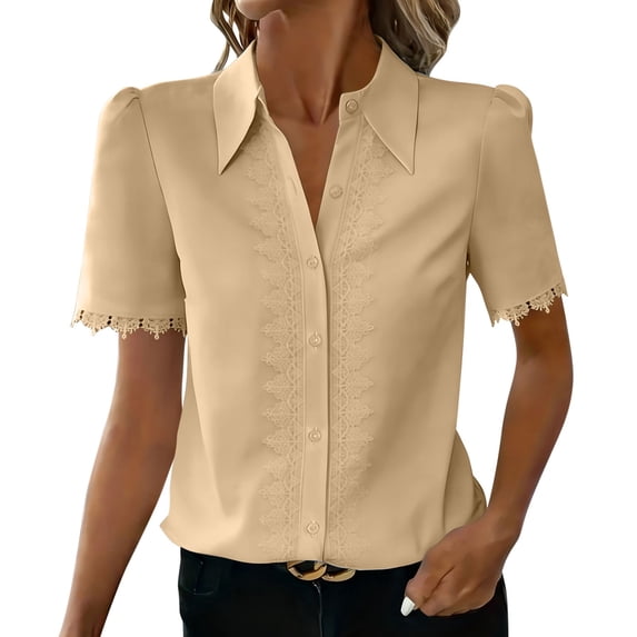 cocolona Womens Lace-trimmed Button Blouses Lapel Short Sleeve Shirts Dressy Casual Summer Tops