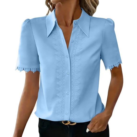 cocolona Womens Lace-trimmed Button Blouses Lapel Short Sleeve Shirts Dressy Casual Summer Tops