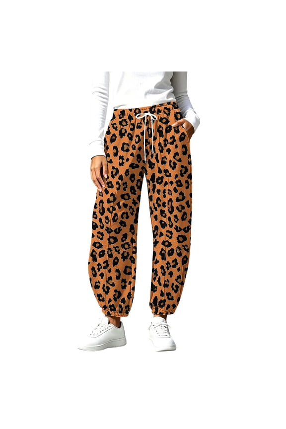 Womens Leopard print Casual Sweatpants Elastic Waist Drawstring Wide Leg Barrel Pants with Pockets