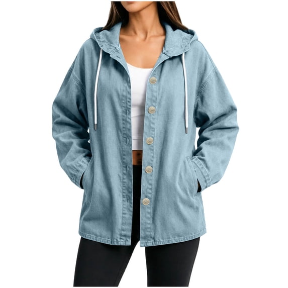 cocolona Womens LightWeight Denim Jacket Hooded Drawstring Button Down Casual Long Sleeve Classic Jean Coat