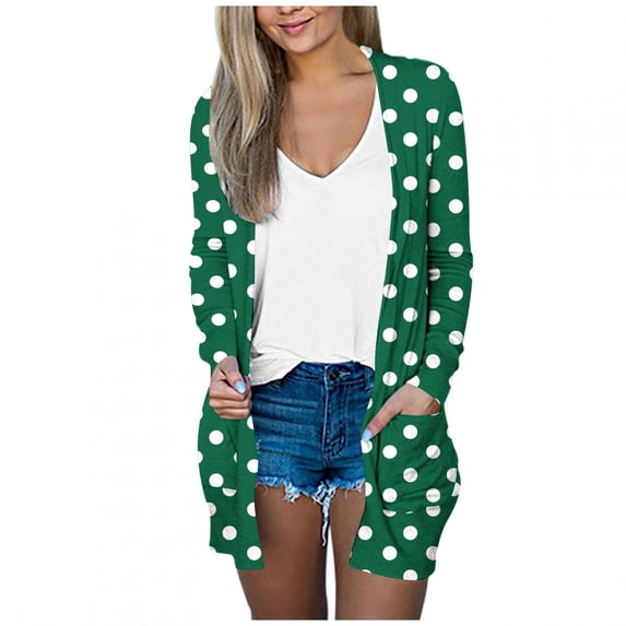 cocolona Womens Lightweight Cardigan Fall Long Sleeve Open Front Cardigan Fashion Polka Print Outwear Coat with Pockets