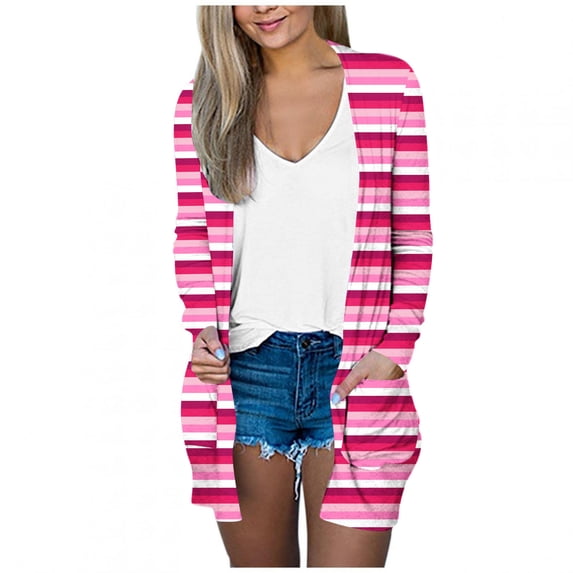 cocolona Womens Lightweight Cardigan Fall Long Sleeve Open Front Cardigan Fashion Striped Print Outwear Coat with Pockets