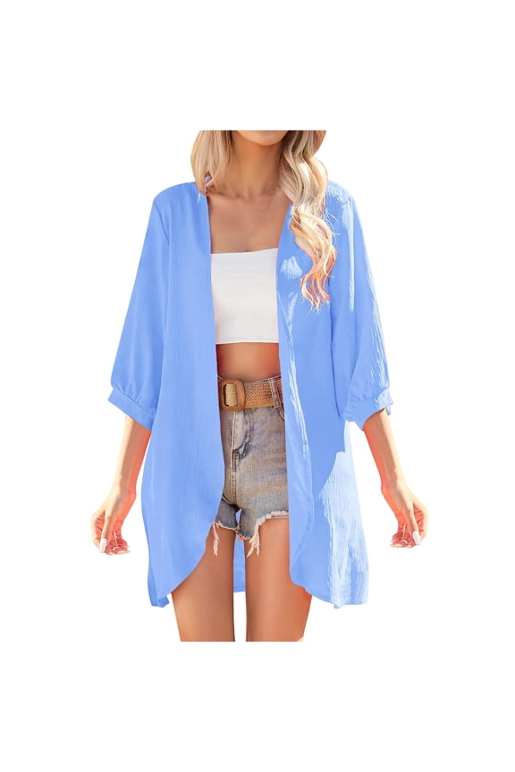 Womens Lightweight Open Front Cardigan Fashion Casual Solid Color 3/4 Sleeve Beach Cover Up Fall Outwear Coat