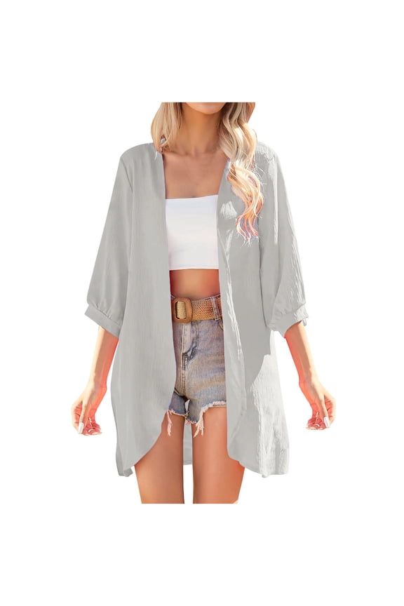 Womens Lightweight Open Front Cardigan Fashion Casual Solid Color 3/4 Sleeve Beach Cover Up Fall Outwear Coat