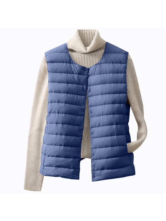Womens Lightweight Puffer Vest Sleeveless Button Crew Neck Puffer Jacket Fashion Solid Color Quilted Jackets Winter Warm Puffer Down Coat