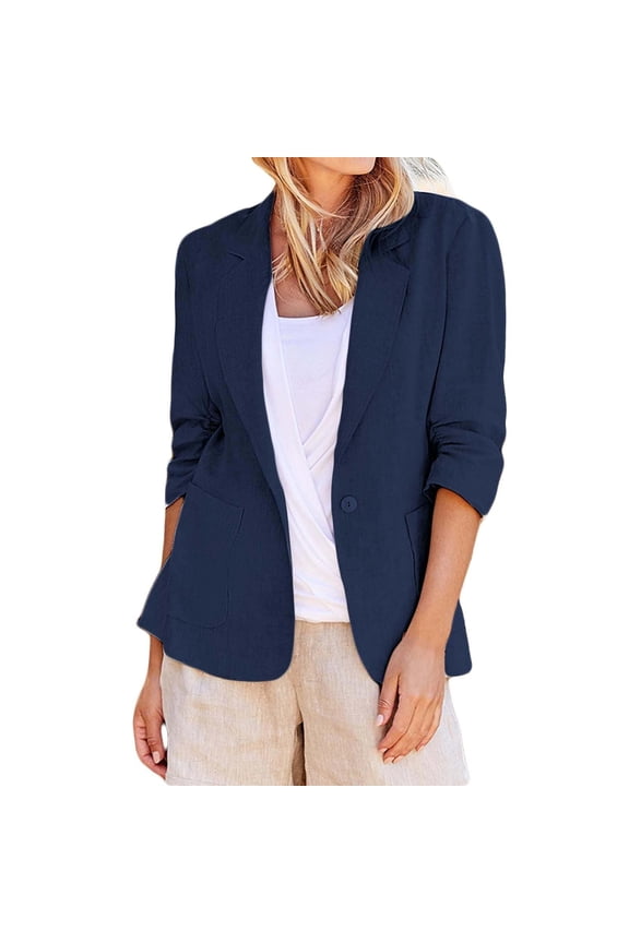 Womens Linen Blazers for Women 3/4 Sleeve Casual Business Work Jacket Fall Lightweight Comfy Coat with Pockets