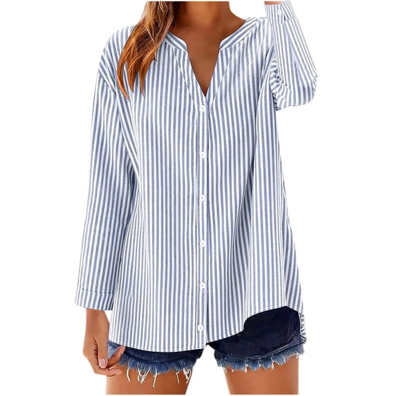 cocolona Womens Linen Blouses for Women Long Sleeve V Neck Striped Shirts Loose Casual Button Down Fall Tops
