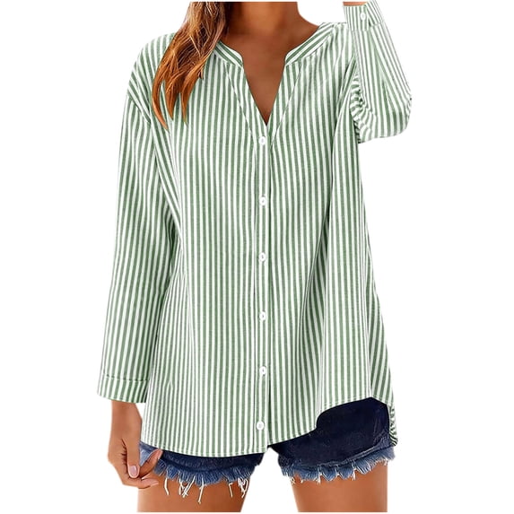 cocolona Womens Linen Blouses for Women Long Sleeve V Neck Striped Shirts Loose Casual Button Down Fall Tops