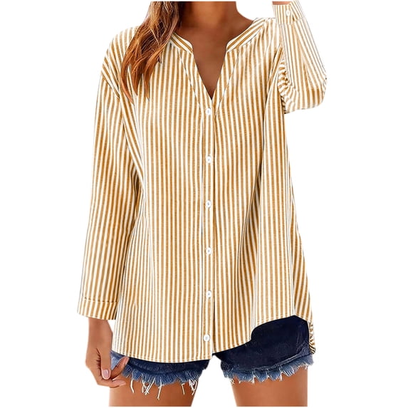 cocolona Womens Linen Blouses for Women Long Sleeve V Neck Striped Shirts Loose Casual Button Down Fall Tops