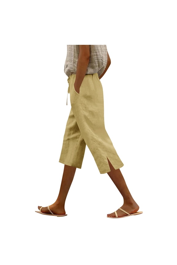Womens Linen Capri Pants Elastic Waist Drawstring Side Slit Cropped Pants Summer Casual Trousers Beach Vacation Clothes