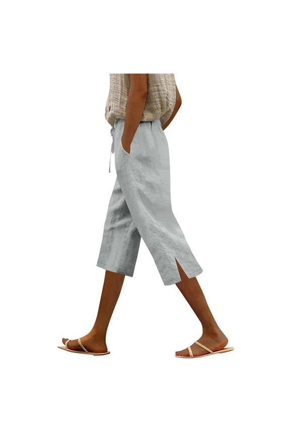 Womens Linen Capri Pants Elastic Waist Drawstring Side Slit Cropped Pants Summer Casual Trousers Beach Vacation Clothes