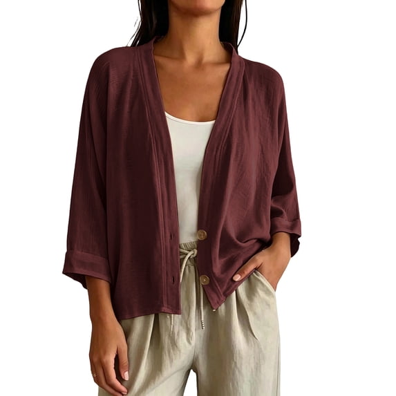 cocolona Womens Linen Cardigan Lightweight 3/4 Sleeve Open Front Button Shirts Loose Fit Solid Color Casual Fall Tops