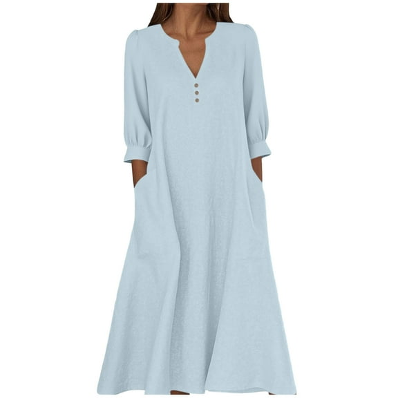 cocolona Womens Linen Dress Button V Neck 3/4 Sleeve Flowy Long Dress Beach Vacation Sun Dress Summer Casual Loose Maxi Dress for Women